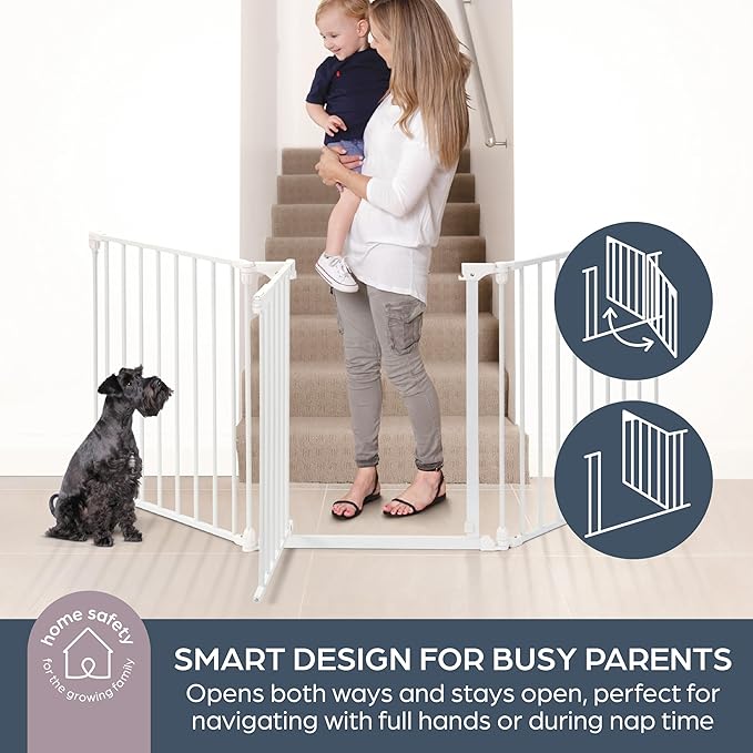 Dreambaby Discovery Metal Baby Gate - 76.5" Extra Wide 3 Panel Walk Through Door for Angled Openings, Configurable for Stairs and Hallways, 29in High