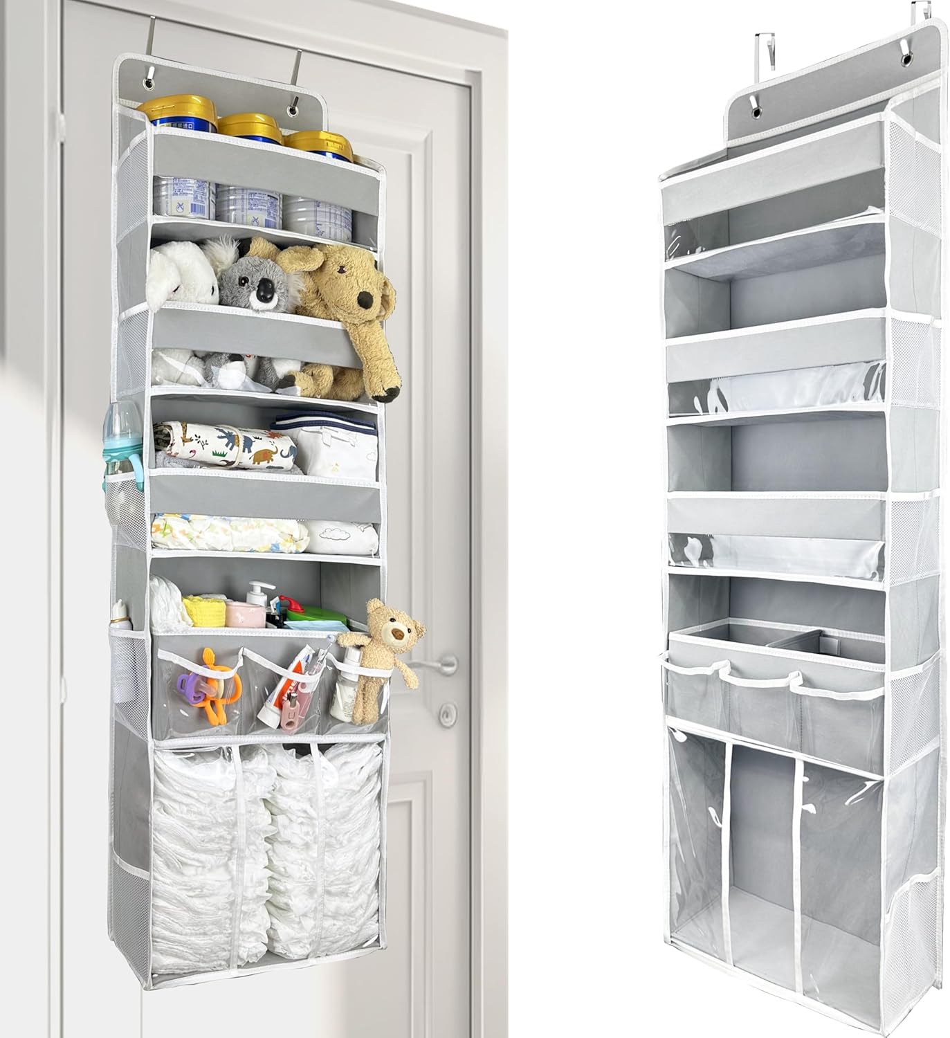 Door Hanging Storage Organizer,with 3 Bins 1 Movable Baby Diaper Caddy,1 Large capacity diaper stacking storage Organizer,10 Side Pockets ,Bedroom Door Storage for Nursery Baby Essentials. (Dark grey)