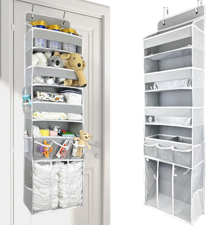 Door Hanging Storage Organizer,with 3 Bins 1 Movable Baby Diaper Caddy,1 Large capacity diaper stacking storage Organizer,10 Side Pockets ,Bedroom Door Storage for Nursery Baby Essentials. (Dark grey)