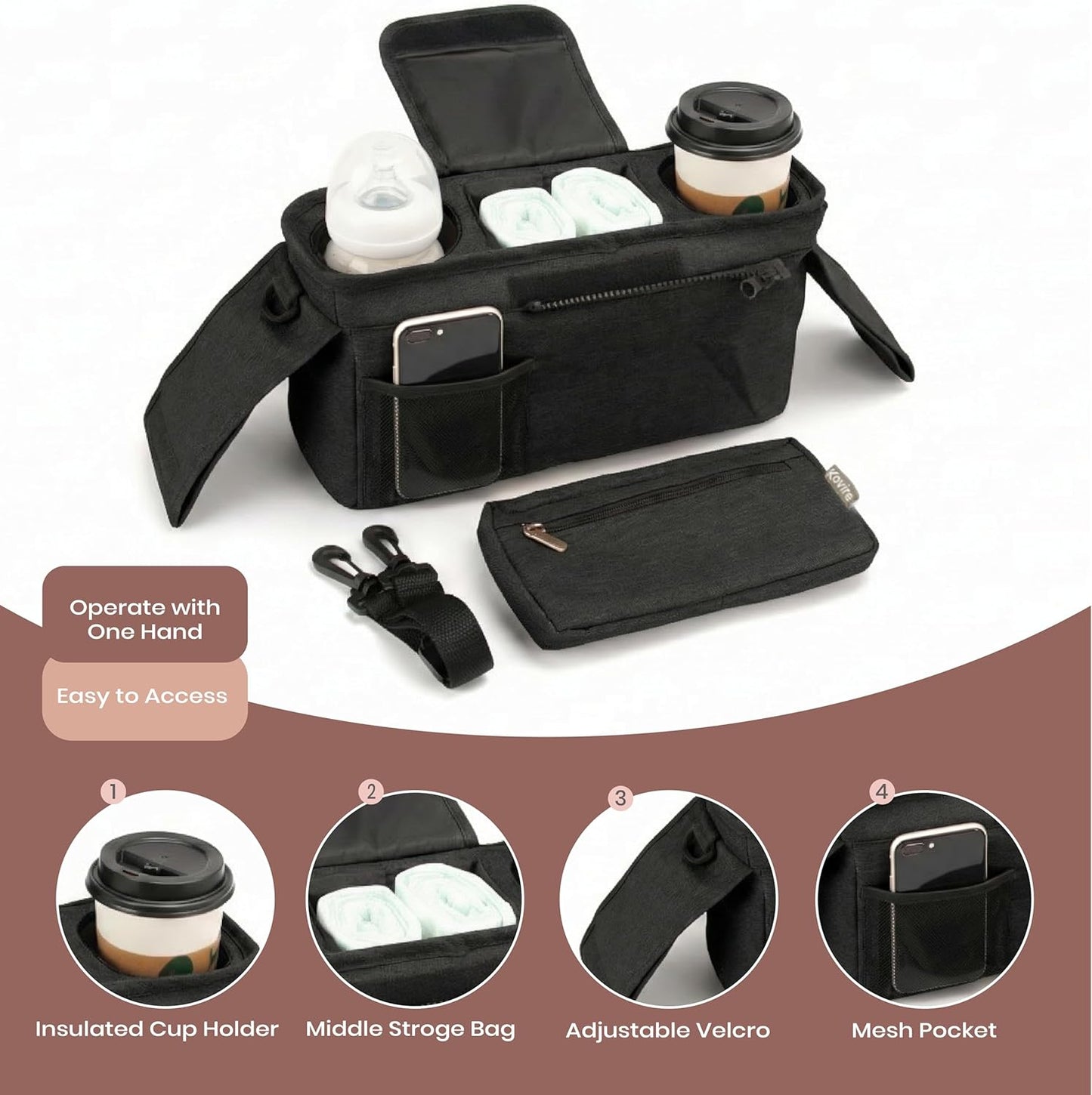 Black Universal Stroller Organizer with 2 Insulated Cup Holders, 3-in-1 Stroller Caddy with Detachable Phone Bag & Non-Slip Shoulder Strap, Fits Uppababy, Nuna, Doona, Baby Essentials