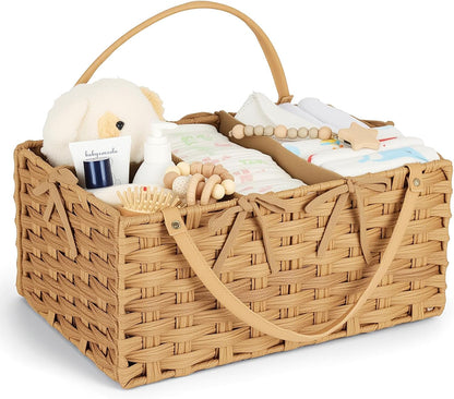 Diaper Caddy Organizer, Hand Rattan Nursery Storage Basket for Baby Essentials, Baby Changing Table Organizer Perfect Nursery Assistant, Easy Assemble (Natural Light, L)