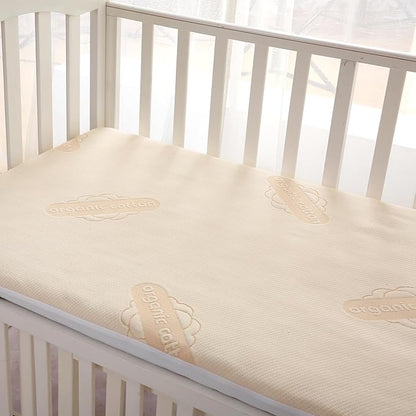 Crib Organic Mattress Protector Pad - OCS Certified Organic Cotton Waterproof Breathable Mattress Pad Cover - 250 GSM Comfort - Deep Pocket - Fitted Comfort