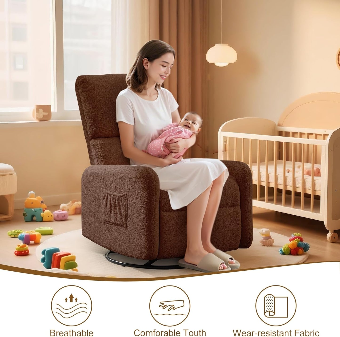 Korser 360° Rocking Chair, Nursery Rocker Chair with Side Pockets, Glider Nursing Chair with Steel Structure Base, Small Chair for Small Spaces, Sherpa Swivel Accent Chairs for Living Room, Nursing
