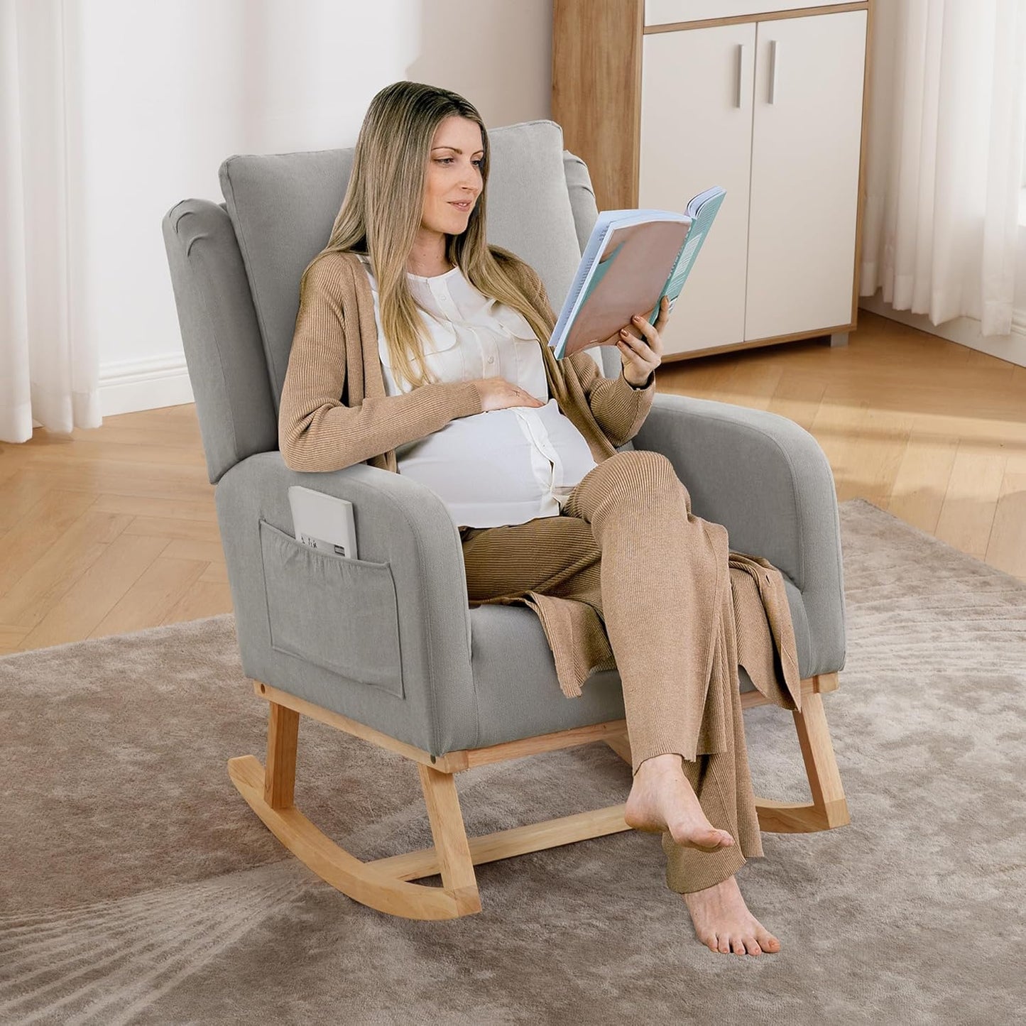 HCHAIRH Rocking Chair Nursery, Sherpa Nursing Rocking Chairs, Upholstered Nursery Glider Rocker for Mom Nursery Morden Accent Rocking Chair Pillow for Living Room,Bedroom,Teddy Light Grey