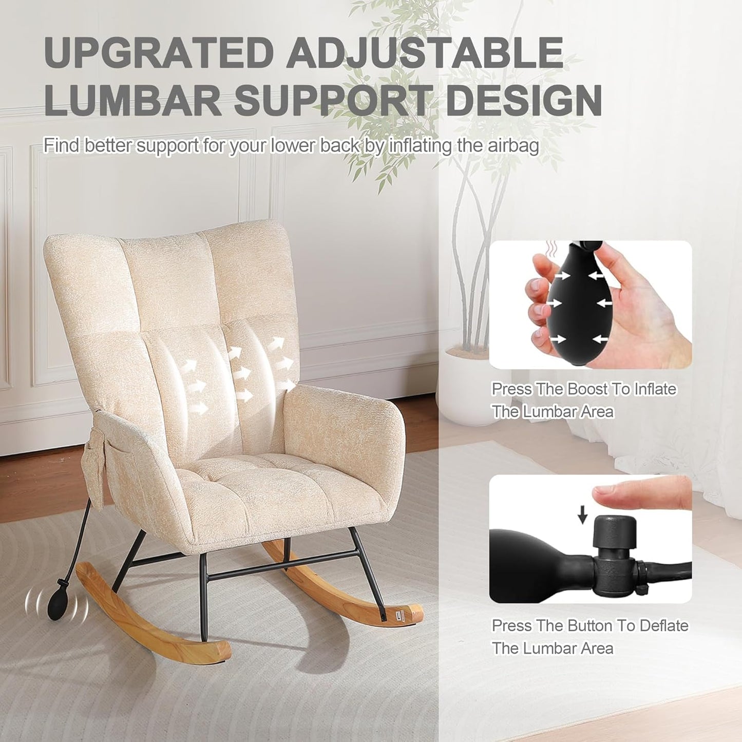 Rocking Chair Nursery with Airbag, Comfy Modern Nursery Rocking Reading Chair indoor with Footrest, Cozy Upholstered Glider Rocker Chairs for Living Room Bedroom Offices(Chenille, Dark Grey)