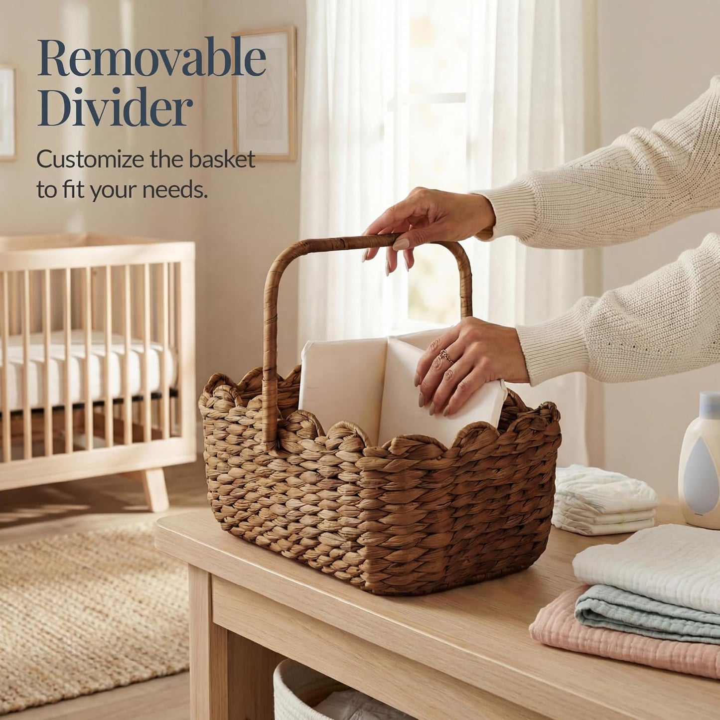 Best Choice Products Baby Diaper Caddy Organizer, Large Portable Handmade Nursery Basket w/Removable Divider & Handles, Handwoven Changing Table Storage Bin for Nursery Organization - Chestnut