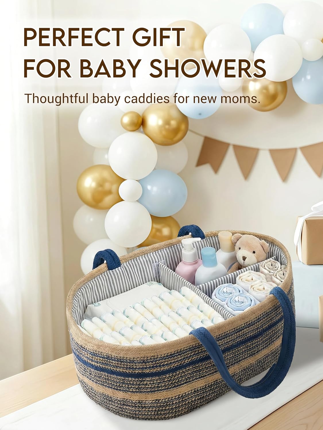 ZOES HOMEWARE Sapphire Blue Diaper Caddy Organizer, Jute Woven Baby Basket, Baby Caddy Nursery Storage Organizer, Shower Gifts for Newborn, Hand Woven Crafted (Brown&Blue),14.2"x 8.7"x7.1”
