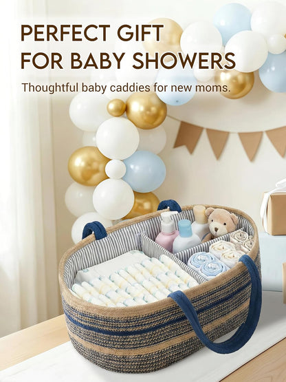 ZOES HOMEWARE Sapphire Blue Diaper Caddy Organizer, Jute Woven Baby Basket, Baby Caddy Nursery Storage Organizer, Shower Gifts for Newborn, Hand Woven Crafted (Brown&Blue),14.2"x 8.7"x7.1”