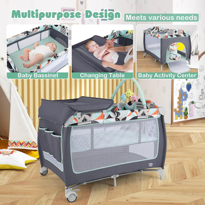 BABY JOY 4 in 1 Pack and Play, Portable Baby Playard with Bassinet, Side Zipper Door, Changing Table, Indoor Outdoor Travel Nursery Center w/Hanging Bar, Lockable Wheels, Carry Bag