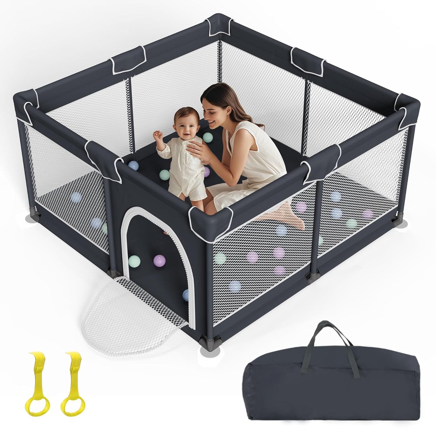 Grobeybees Playpen for Babies and Toddlers, Small Baby Playpen, Playard with Bag, Indoor & Outdoor Play Pen, Sturdy Safety Baby Play Yard with Soft Breathable Mesh(Black, 36x36 inches)
