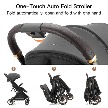 Gromast Gravity Folding Baby Stroller - Portable Travel Toddler Stroller w/Adjustable Backrest, Canopy & Cup Holder, Lightweight and UV Protected, One-Hand Automatic Folding - Green