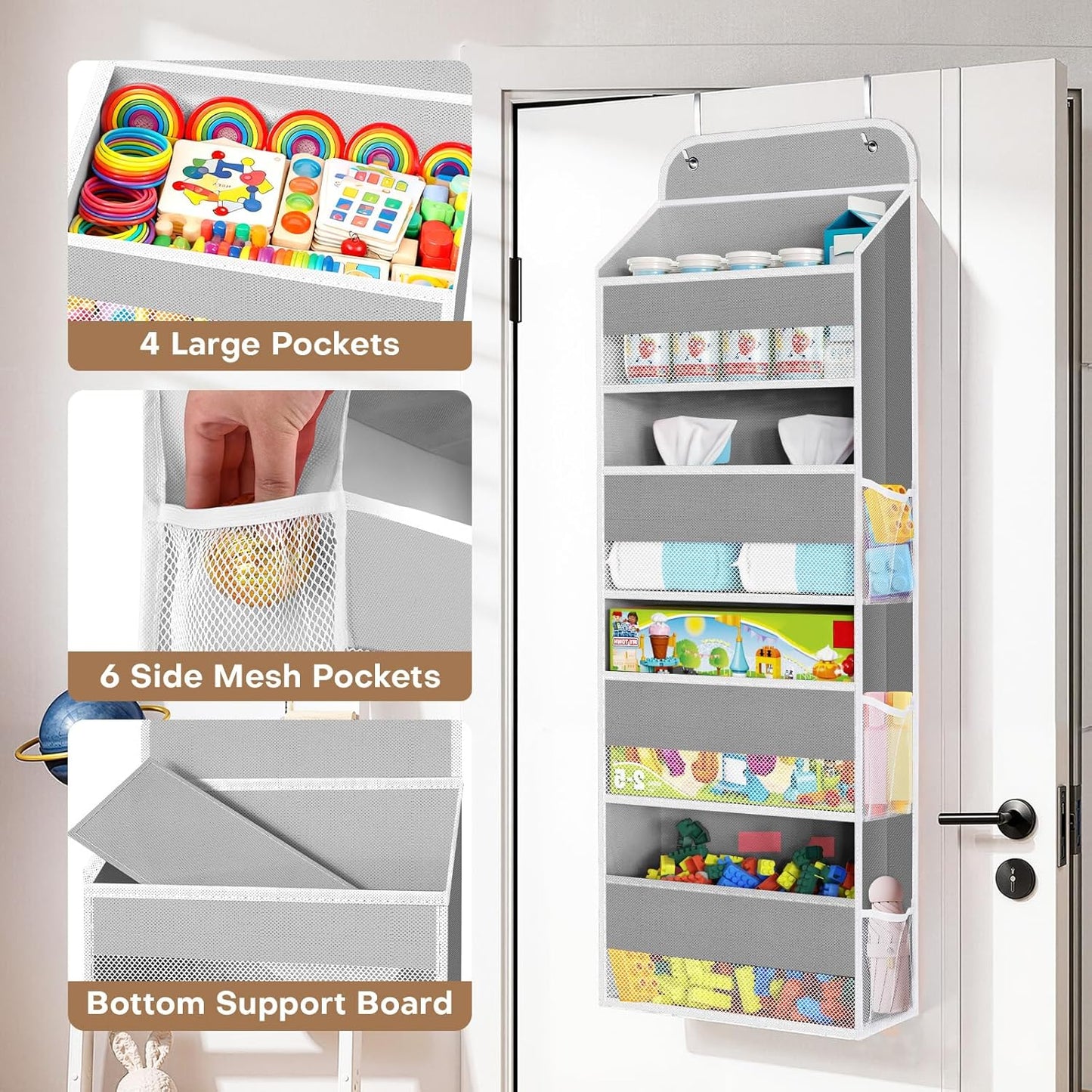 SpaceWhisper Over the Door Organizer, 4 Large Pocket Hanging Storage Organizer with 40lb Capacity, Space Saving for Nursery, Bathroom, Bedroom, Closet - Baby Essentials & Toiletry Organizer (Pink)