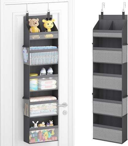 Lifewit 4 Tier Over the Door Diaper Organizer for Nursery, Large Heavy Duty Hanging Storage with 4 Mesh Side Pockets, Sturdy Back of Door Shelf for Baby Stuff Toy in Pantry, Laundry, Bathroom, Gray