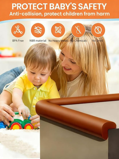 Baby Proof Edge Corner Protector, 6.56FT 0.47''Th L-Shape Furniture Corner & Edge Safety Bumpers with 6 Corners, Pre-Taped, Soft NBR Rubber Foam Desk Edge Cushion Wall Corner Protector (Brown)