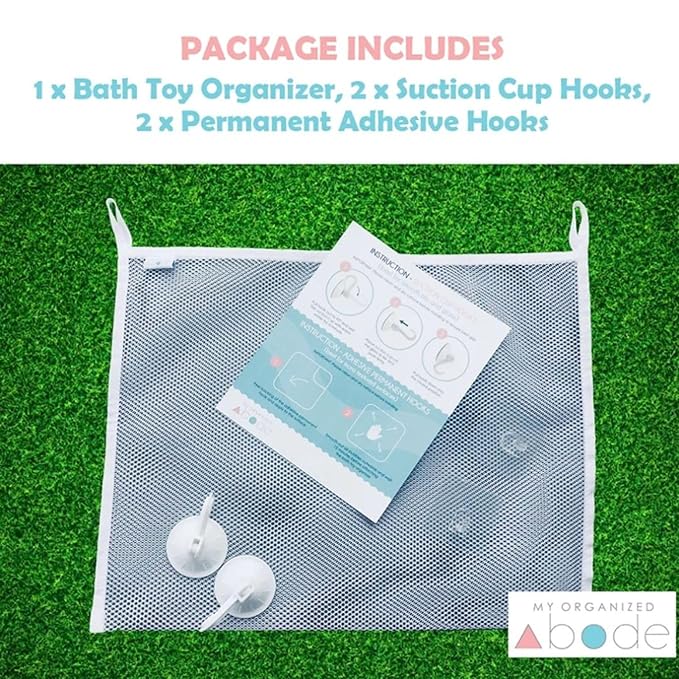 Bath Toy Organizer Includes Suction Cup Hooks and Adhesive Hooks and Tub Toy Mesh Bag White