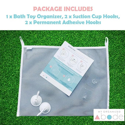Bath Toy Organizer Includes Suction Cup Hooks and Adhesive Hooks and Tub Toy Mesh Bag White