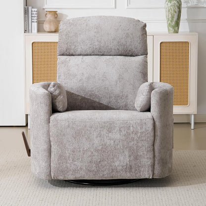 Oversized Swivel Rocker Recliner Chair with Heat and Massage, Rocking Chair with Adjustable Headrest, Manual Recliner, Glider Recliner with 2 Pillows, Chenille White