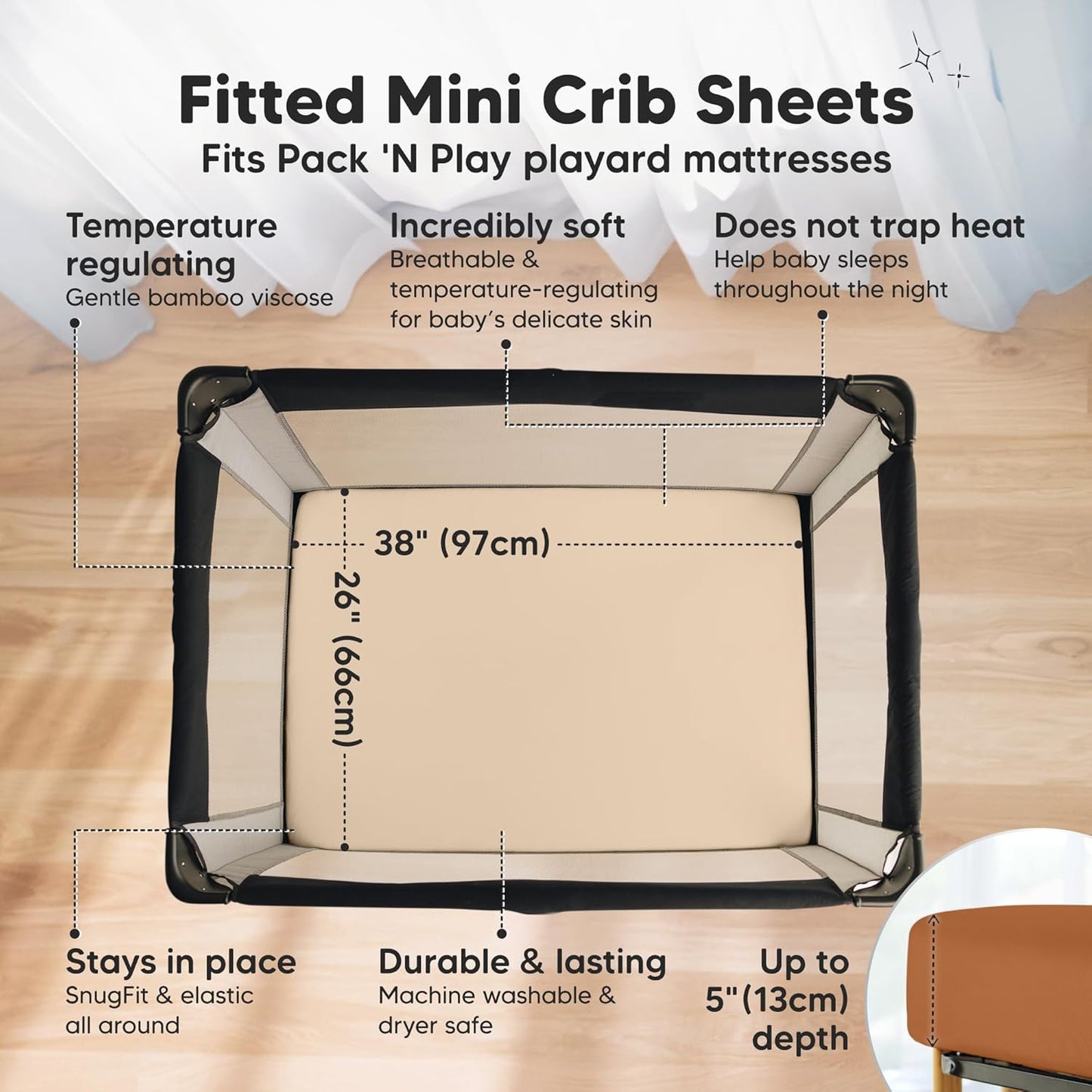 2-Pack Waterproof Pack and Play Sheets, Mini Crib Sheets Fitted for Boy, Girl - 38 x 26 Viscose from Bamboo Pack N Play Mattress Sheets for Graco, Toddler Playard Baby Crib Sheets Neutral (Blue Flax) - Colors A