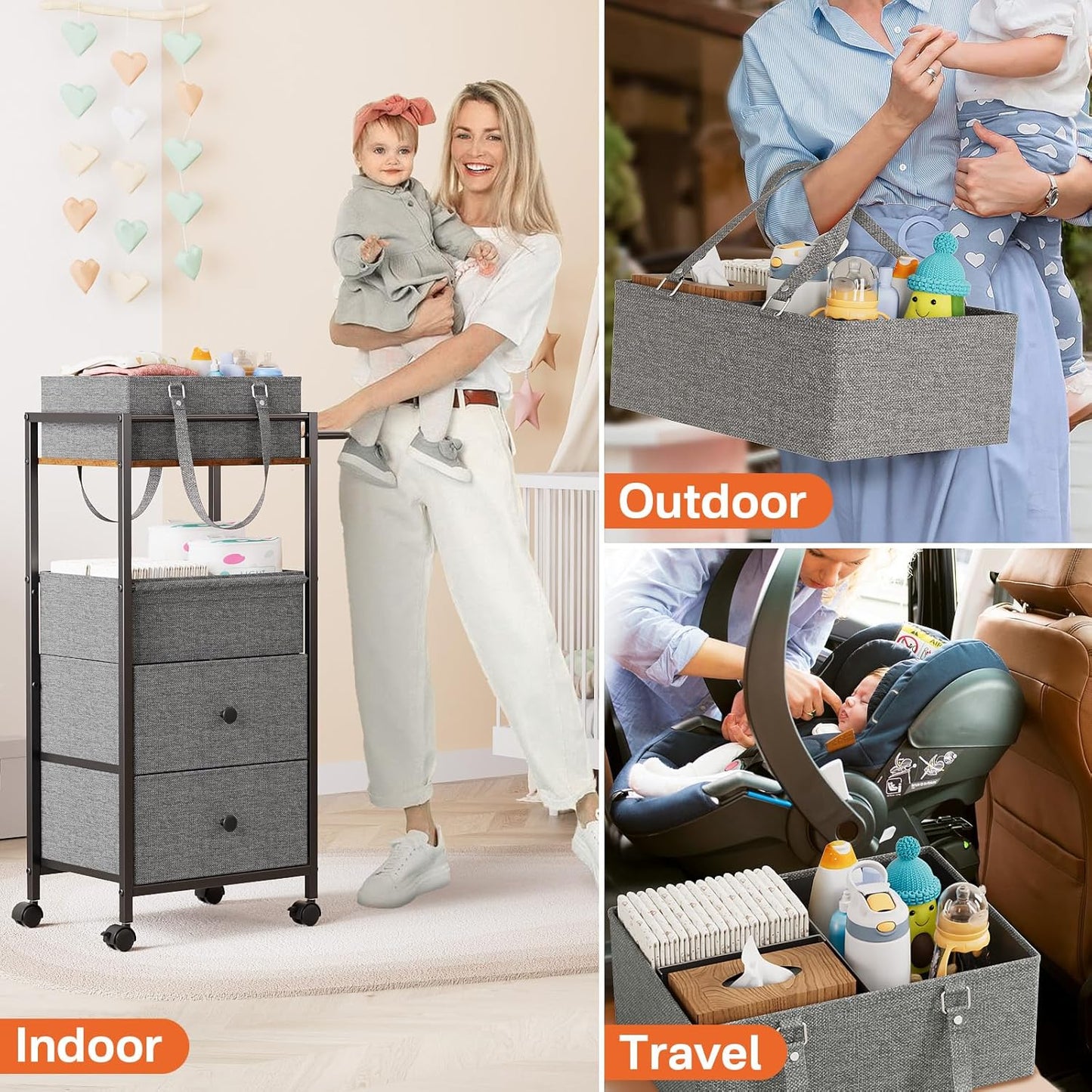 Modanais Baby Diaper Caddy Organizer Cart with Drawers - 3In1 Rolling Storage Cart with Wheels, Removable Diaper Caddy, Detachable Dividers - for Crib, Bedroom, Art & Craft Organizer (Off White)