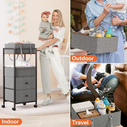 Modanais Baby Diaper Caddy Organizer Cart with Drawers - 3In1 Rolling Storage Cart with Wheels, Removable Diaper Caddy, Detachable Dividers - for Crib, Bedroom, Art & Craft Organizer (Off White)