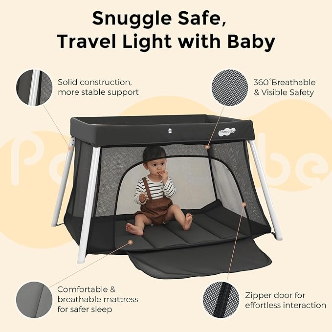 Pamo Babe Travel Crib with Bassinet, Certified Baby Safe Portable Crib, Extra Large Portable Playpen with Mattress & Zipper Door, Lightweight Foldable Pack and Play Baby Travel Bed - Grey