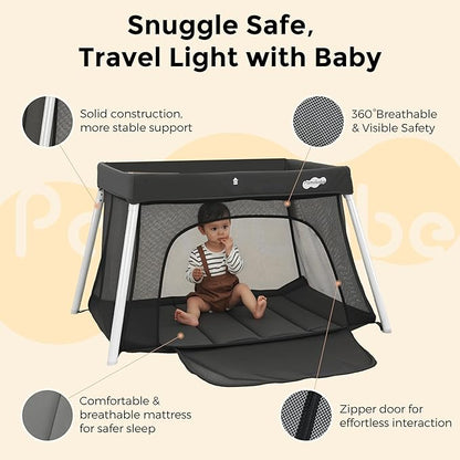 Pamo Babe Travel Crib with Bassinet, Certified Baby Safe Portable Crib, Extra Large Portable Playpen with Mattress & Zipper Door, Lightweight Foldable Pack and Play Baby Travel Bed - Grey