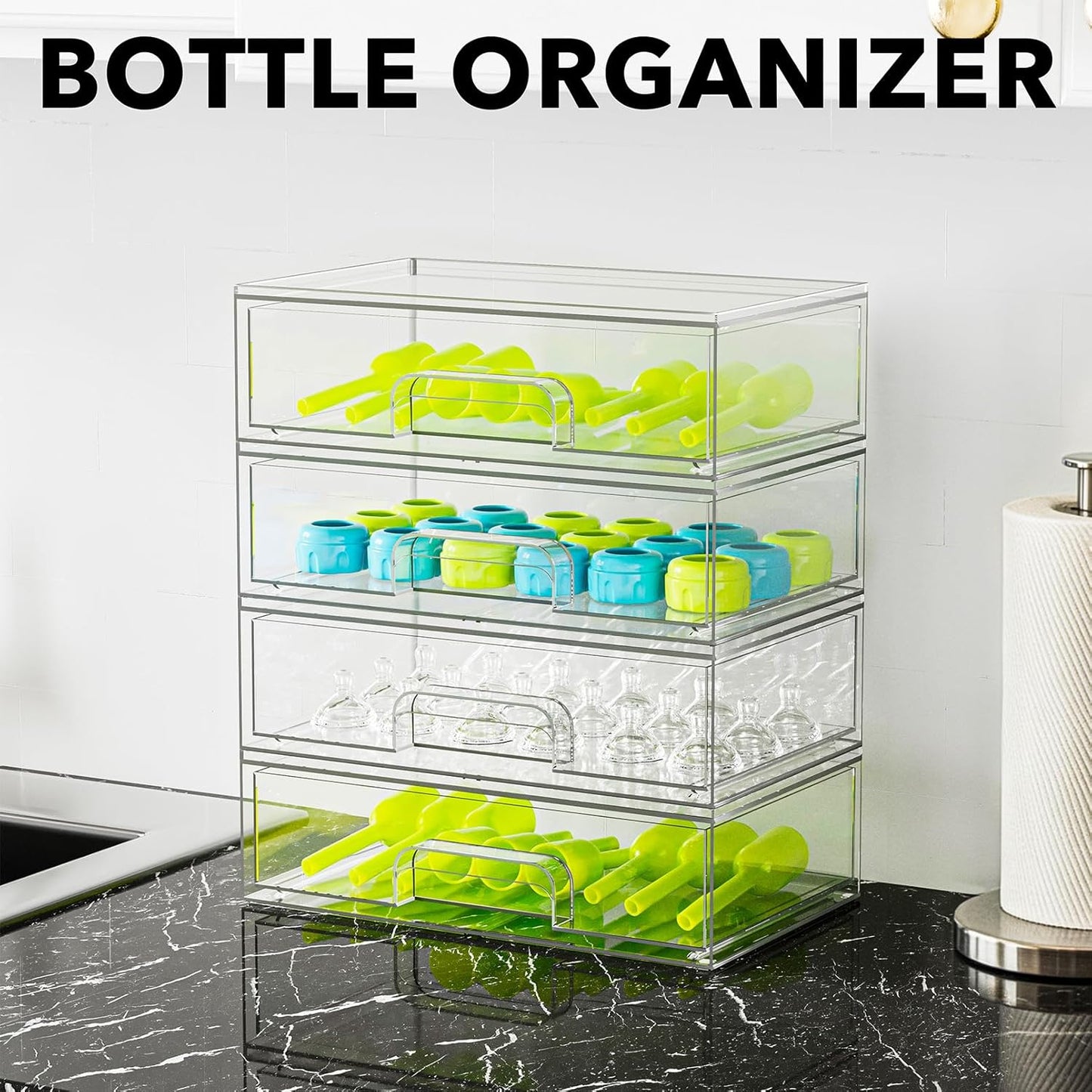 SpaceAid Bottle Storage Organizer Baby - Acrylic Bottles Station Organizer Container, Stackable Clear Drawers for Countertop, Vanity, Bathroom, Cabinet, Pantry Organization, 5 Pack, 2S2M1L, 15.4" H