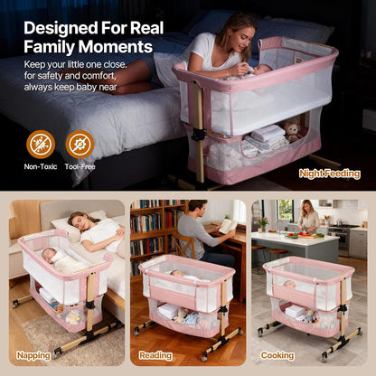 Baby Bassinet Bedside Sleeper, 3-in-1 Bedside Bassinet, 5 Height Adjustable Rocking Baby Crib, Breathable Full Mesh, Mosquito Net, Storage Basket, Stable and Secure Bassinets for Newborn (Pink)