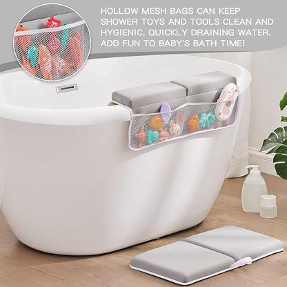 Bath Kneeler and Elbow Rest Pad Set, Thick Soft Quick Dry Bathtub Mat for Baby Bathing Time, Memory Foam With Toys Organizer, Gifts for Parents, Grey