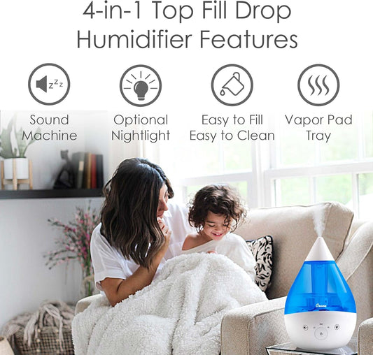 Crane 4-in-1 Drop 2.0 Ultrasonic Cool Mist Humidifier with Sound Machine, Night Light, Aroma Tray, 1 Gallon Top Fill, Blue & White