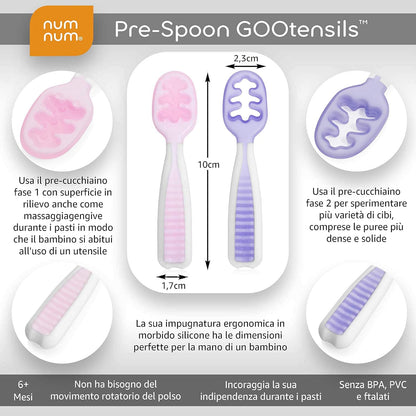 NumNum Baby Spoons Set, Baby Essentials Pre-Spoon GOOtensils for 6+ Months, First Stage Self-Feeding Spoons for Baby Led Weaning (BLW), Silicone Toddler Utensils, BPA-Free, 2 Pack Gray/Green