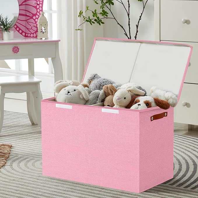 Bagnizer Large Toy Storage Box with Lids, Collapsible Sturdy Baby Storage Organizer Chest Bin Basket for Kids, Boys, Girls, Playroom, Nursery, Bedroom, Closet 25"x13"x16" (Pink)