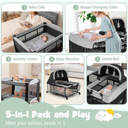 HONEY JOY Pack and Play, 5 in 1 Portable Infant Playpen with Bassinet & Changing Table, Storage Bag, Music Box, Toys, Carry Bag, Nursery Center, Baby Playard Pack n Play Crib for Boys Girls