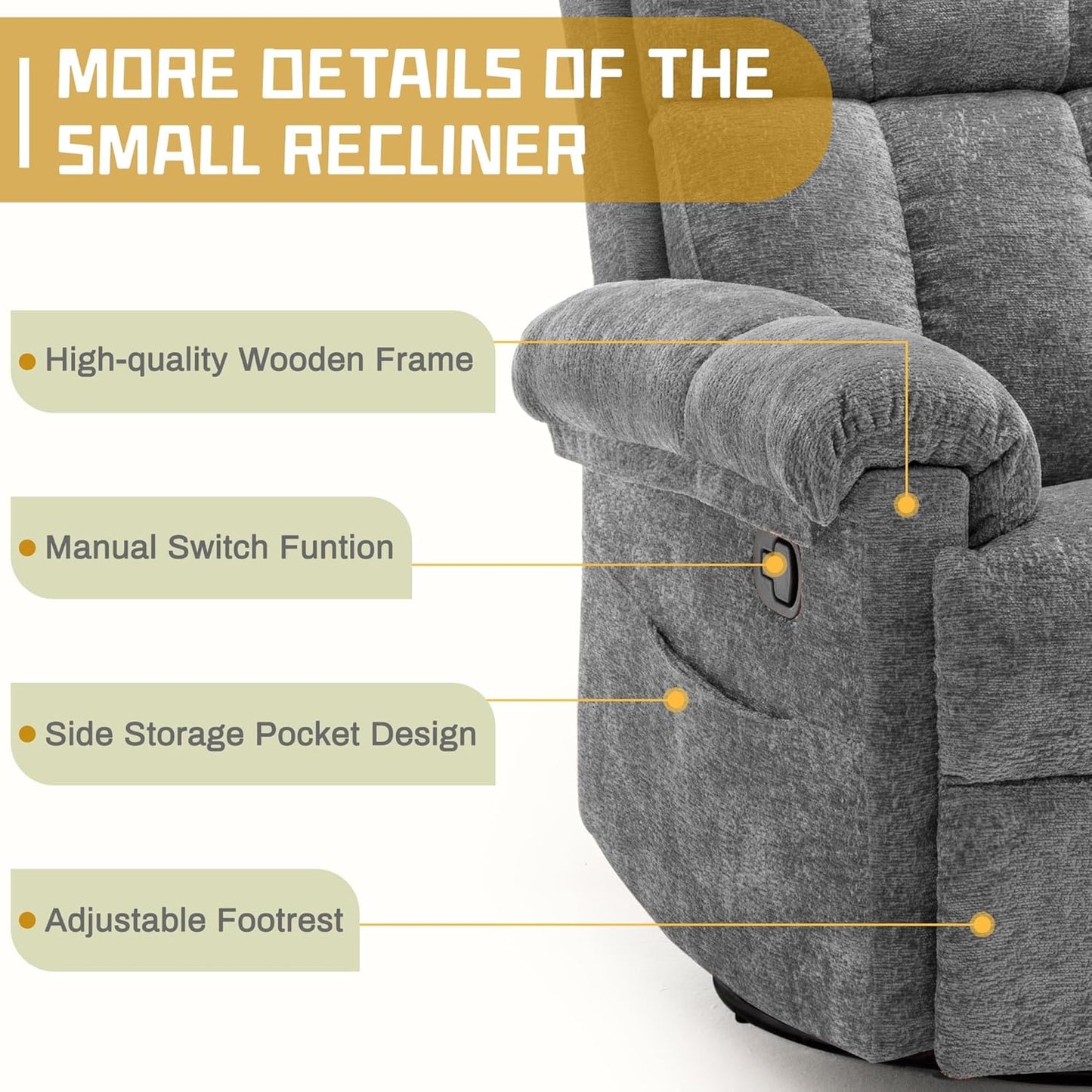 Korser Recliner Chair, Swivel Rocker Recliner Chair for Adults, Small Recliners for Small Spaces, Upholstered Manual Recliner with Side Pockets, Nursery Rocking Chair for Living Room, Chenille, Beige