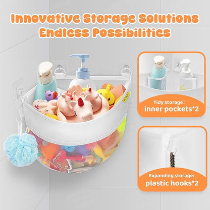 Bath Toy Storage Corner Wall Mounted, 4.32 Gallons Bath Toy Holder, Bottom Zipper Mesh Bathtub Toys Storage Organizer Bag, Quick Access Baby Shower Caddy Quick Dry Bathtub Toys Holder Accessory
