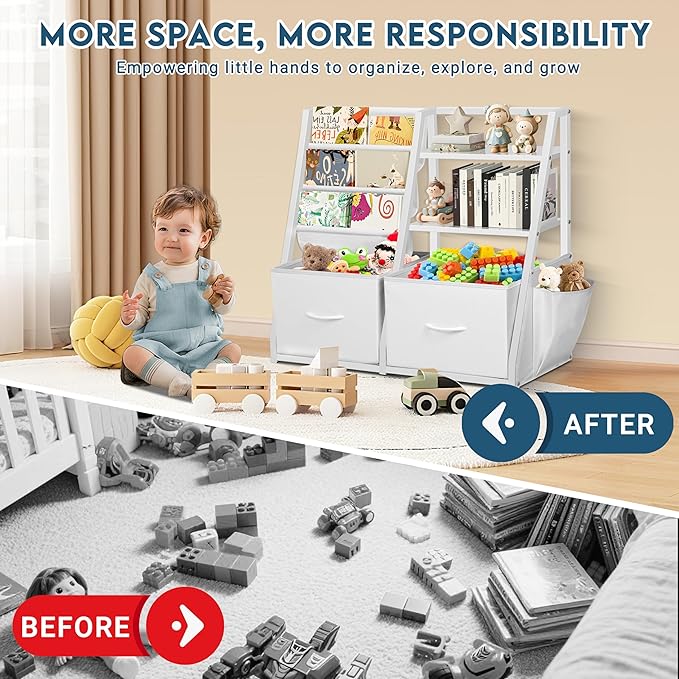 LOFTEY Kids Bookshelf and Toy Storage, Book Shelf for Kids Room, Toddler Montessori Bookshelf with 2 Drawers, Baby Book Shelf for Nursery, Toy Organizer, White