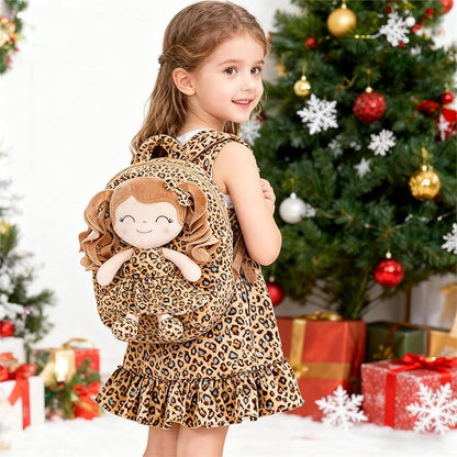 Gloveleya Toddler Backpack Baby Girl Gifts Curly Hair Plush Figures Dress Backpack Kids Backpack Curly Hair Spring Girl - White Leopard 9inches