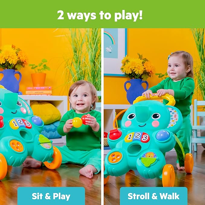 Bright Starts Stroll 'n Roll 2-in-1-Ball Push Walker – Includes 3 Toy Balls, Elephant with 70+ Songs & Sounds, 7 Activities - Ball Drop, Piano, Spinner, Flip Book & More