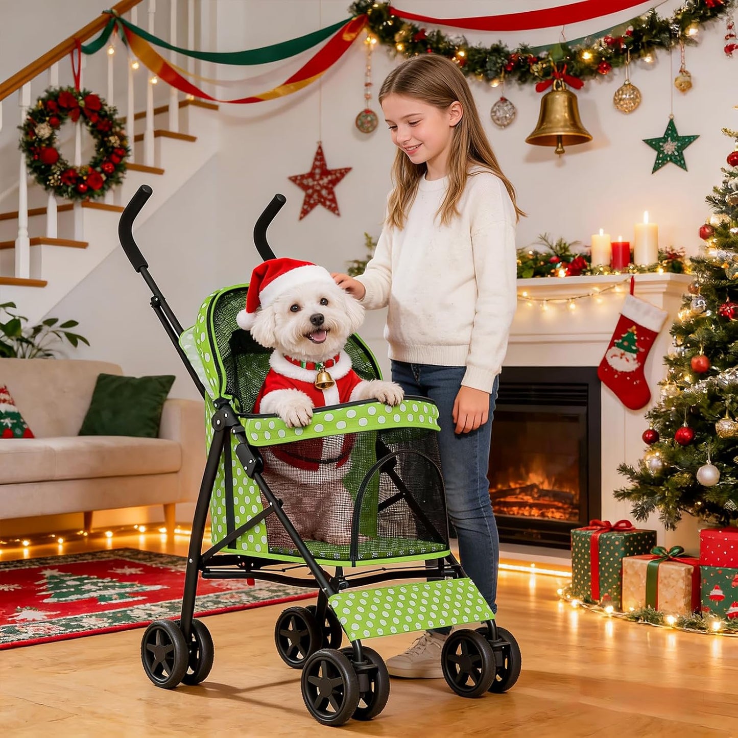 MoNiBloom 4 Wheels Pet Stroller, Easy-Fold Puppy Cage Jogger Stroller with Sun Cover, Pad and Rear Storage Bag, Breathable and Visible Mesh for Small/Medium Pets up to 22 lbs, Black