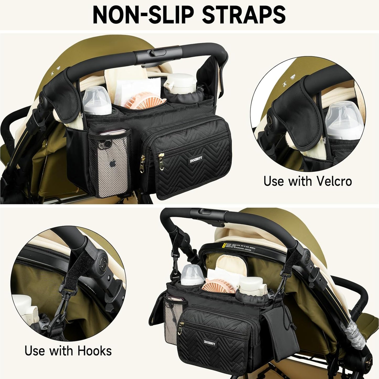 Universal Stroller Organizer with Insulated Cup Holders,Large Capacity Non-Slip Stroller Caddy Bag Fits for Uppababy/Doona/Jogger/Britax/Mompush/BoB with Anti-Sag Hard Bottom and Wet Wipes Pocket