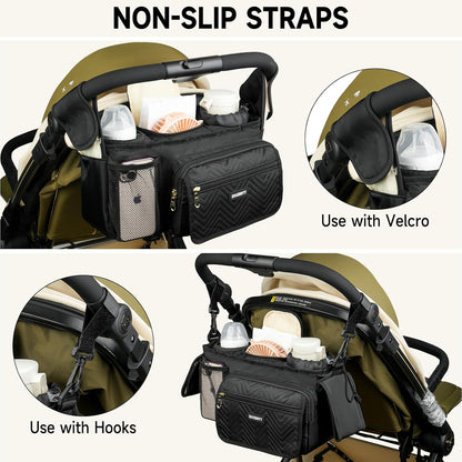 Universal Stroller Organizer with Insulated Cup Holders,Large Capacity Non-Slip Stroller Caddy Bag Fits for Uppababy/Doona/Jogger/Britax/Mompush/BoB with Anti-Sag Hard Bottom and Wet Wipes Pocket