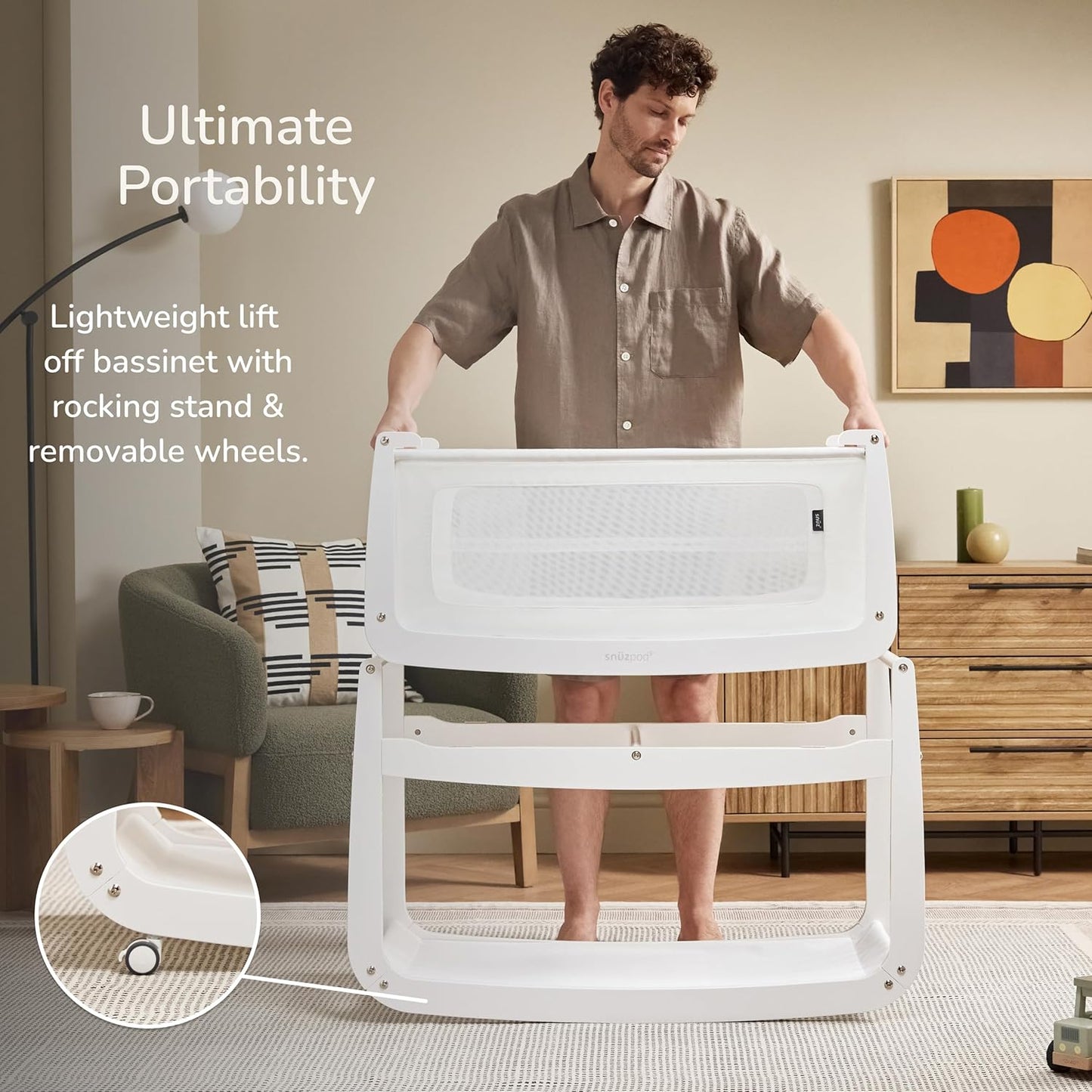 SnuzPod 5 Bedside Bassinet for Baby - Newborn Bed with Zip Down Breathable Windows, Rocking Bedside Sleeper with Lift-Off Bassinet, Portable 3-in-1 Baby Cradle with Wheels & Mattress, Natural