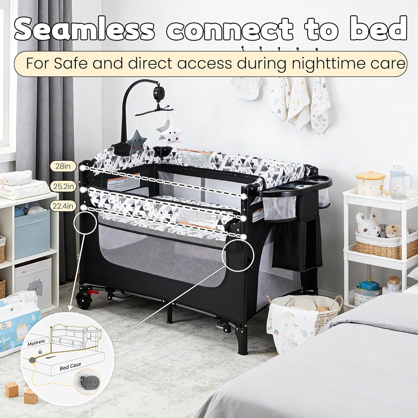 5-in-1 Baby Bassinet Bedside Sleeper with Swing Tube Converts to Cradle, Baby Crib with Mattress, Detachable Diaper Changer, Mosquito Net and Toy - Black