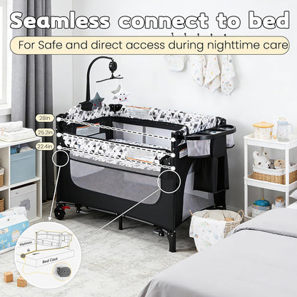 5-in-1 Baby Bassinet Bedside Sleeper with Swing Tube Converts to Cradle, Baby Crib with Mattress, Detachable Diaper Changer, Mosquito Net and Toy - Black