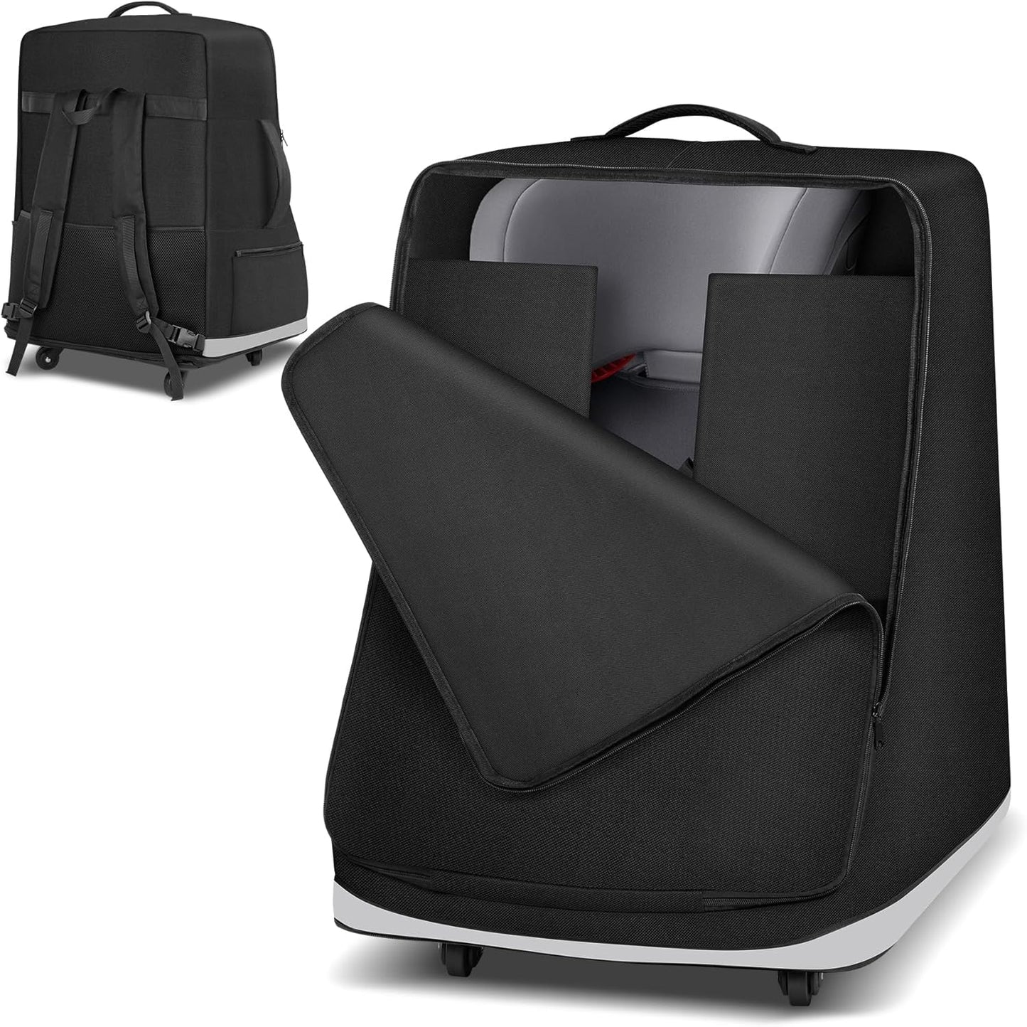 Powerty Car Seat Travel Bag for Airplane with Swivel Wheel, Extendable Height Padded Carseat Travel Backpack Large Storage Bag, Baby Infant Booster Seat Bags for Air Travel