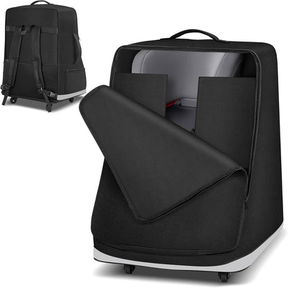 Powerty Car Seat Travel Bag for Airplane with Swivel Wheel, Extendable Height Padded Carseat Travel Backpack Large Storage Bag, Baby Infant Booster Seat Bags for Air Travel