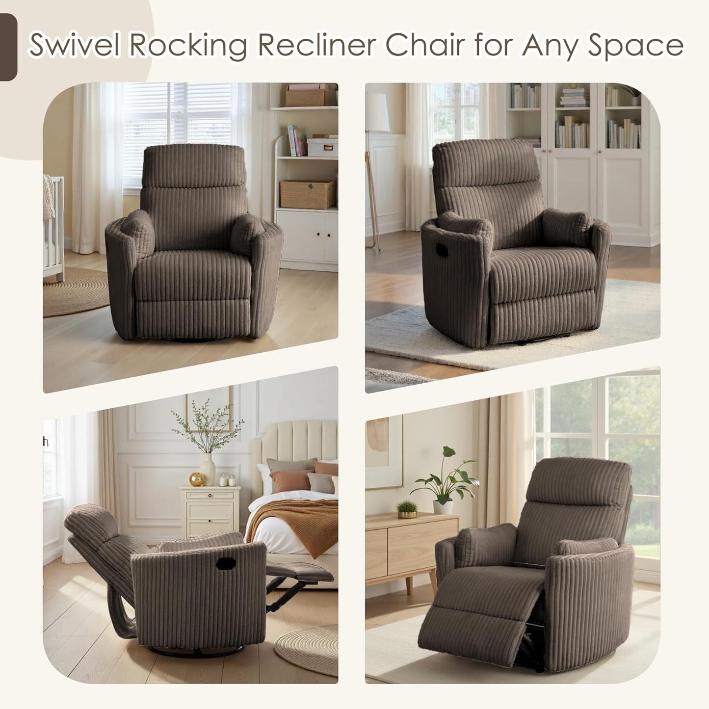 Nursery Rocking Chairs Comfy High Back 360 Swivel Rocker Recliner with 2 Pillows Glider Recliner Nursery Chair for Adults Small Spaces Nursing Bedroom Living Room Beige