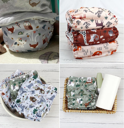 Mama Koala 3.0 Pocket Cloth Diapers for Babies with AWJ Lining, 6 Pack with 6 4-Layer Natural Cloth Diaper Inserts - Reusable and Washable Pocket Diapers(Hardworking Bees) - Colors B