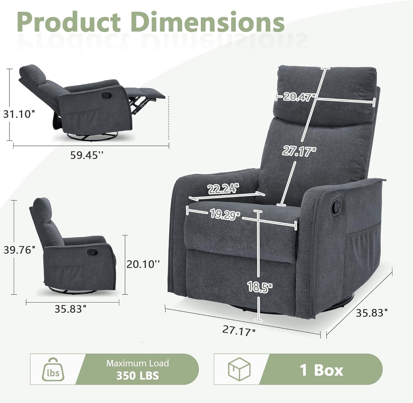 cinkehome Swivel Rocker Recliner, Glider Rocker Recliner Chair for Nursery, Manual Reclining Chair with Heated Massage, Small Spaces, Living Room, Khaki Chenille
