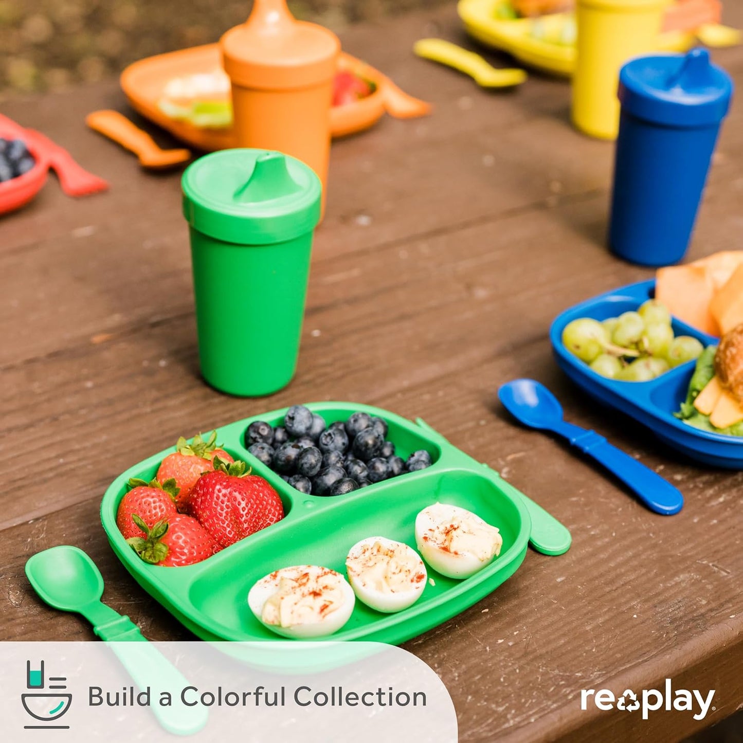 Re-Play Toddler Plates with Dividers - Deep-Walled 3 Compartments Divided Plates for Kids - Dishwasher & Microwave Safe - Made in USA - Set of 3-7.37" x 7.37" x 1.25" - Beach Baby